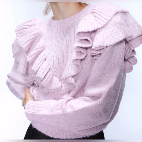 Zara | Knit Sweater with Ruffle Trims lilac size small - Picture 5 of 11